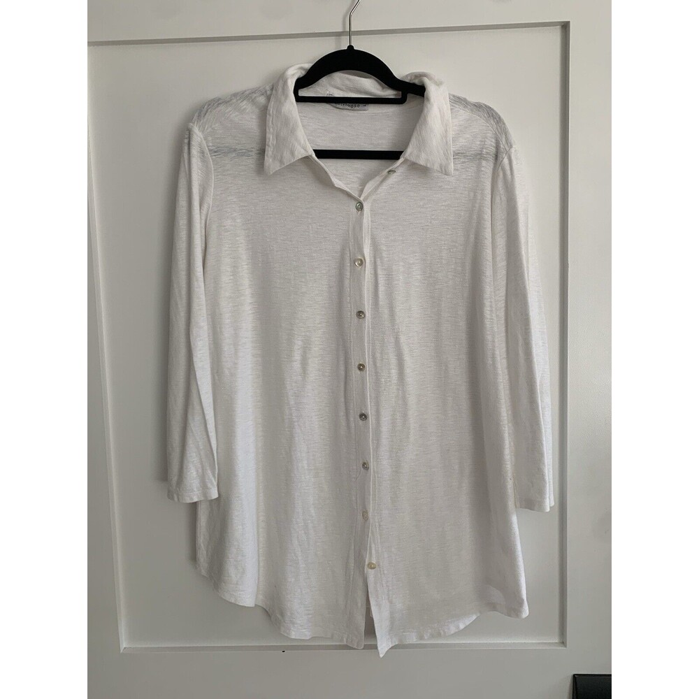 Cut Loose Shirt Women Large White Button Down Linen‎ Cotton 3/4 Sleeve Lagenlook